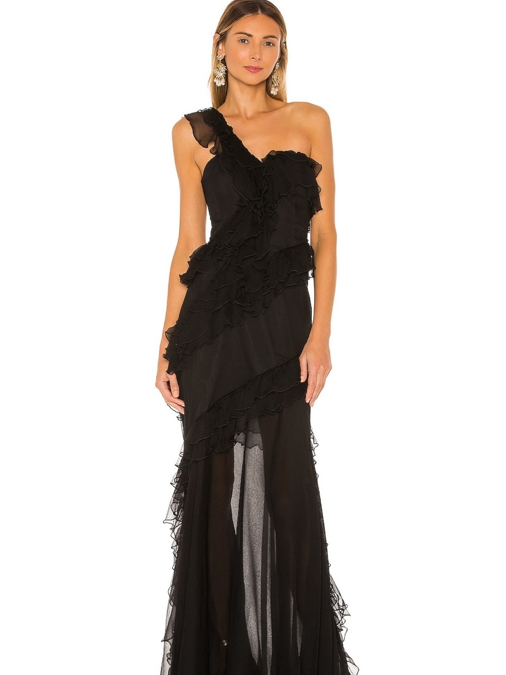 AMUR Harlow Black One-Shoulder Ruffled Maxi Gown
